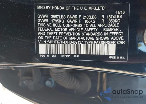 2017 Honda Civic Sport from USA, damaged, VIN SHHFK7H4XHU409137